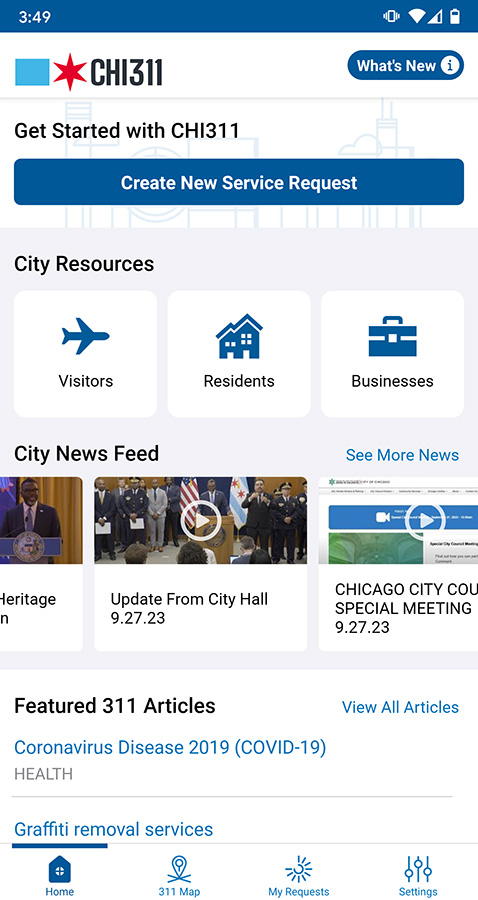 Screenshot of the CHI311 app home screen.