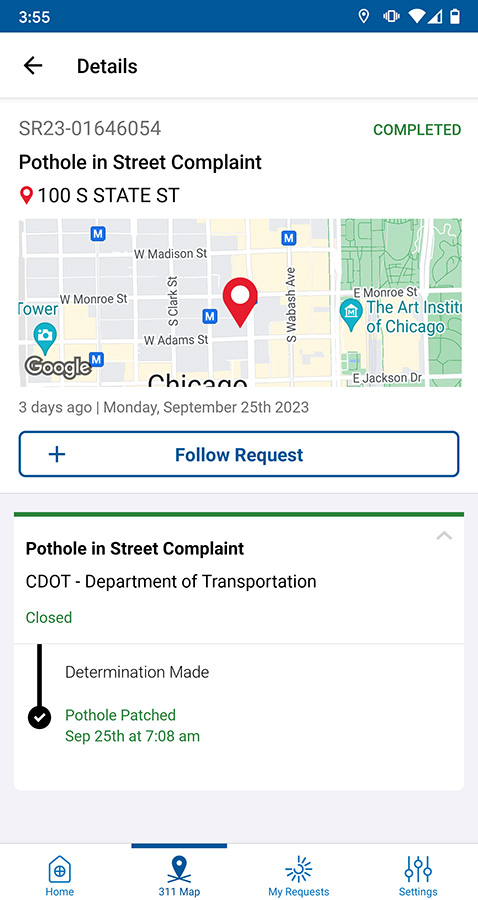 Screenshot of the CHI311 app request details, showing information on a request as well as current progress.